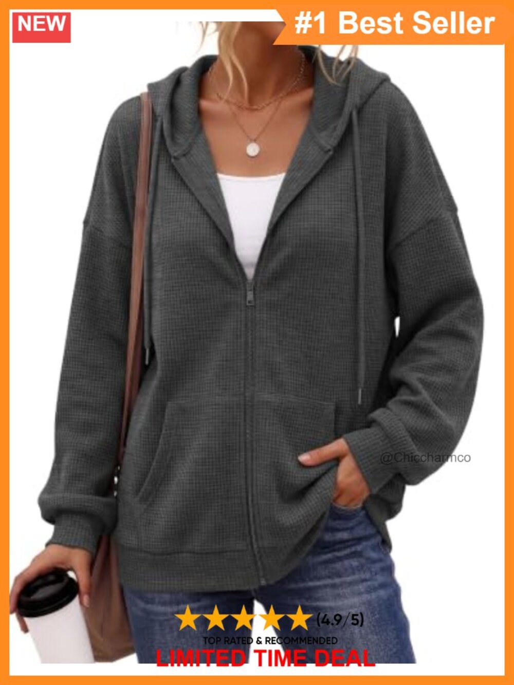 Waffle Knit Zip Up Hoodie Long Sleeve Jacket with Pockets